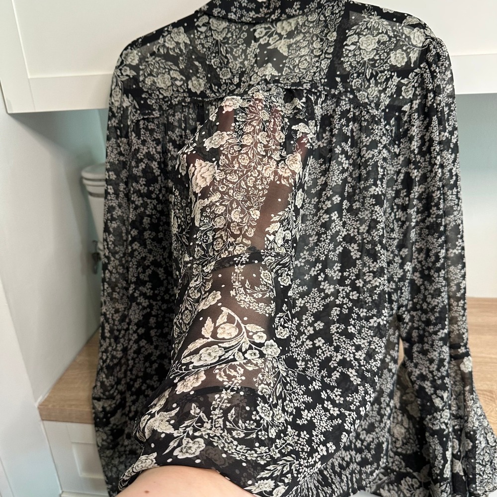 Bohemian Sheer Blouse Womens Black White Dramatic Bell Sleeve Top Ethereal Flowy - Picture 11 of 13